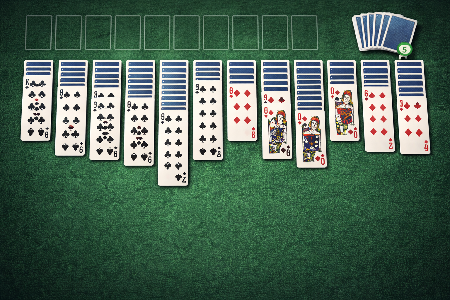 Spider Solitaire card game layout on green felt table